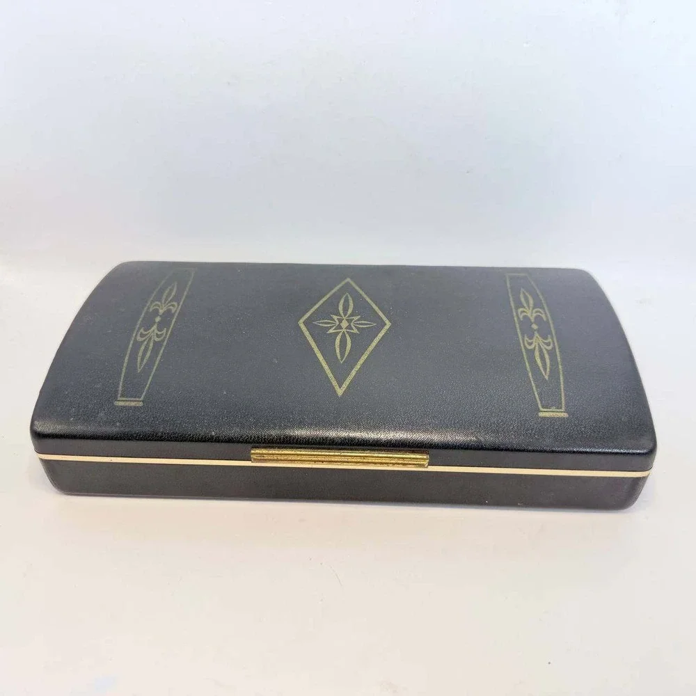 Vintage Black and Gold Jewelry Box Red Velvet Lined Hard Shell Organizer Case